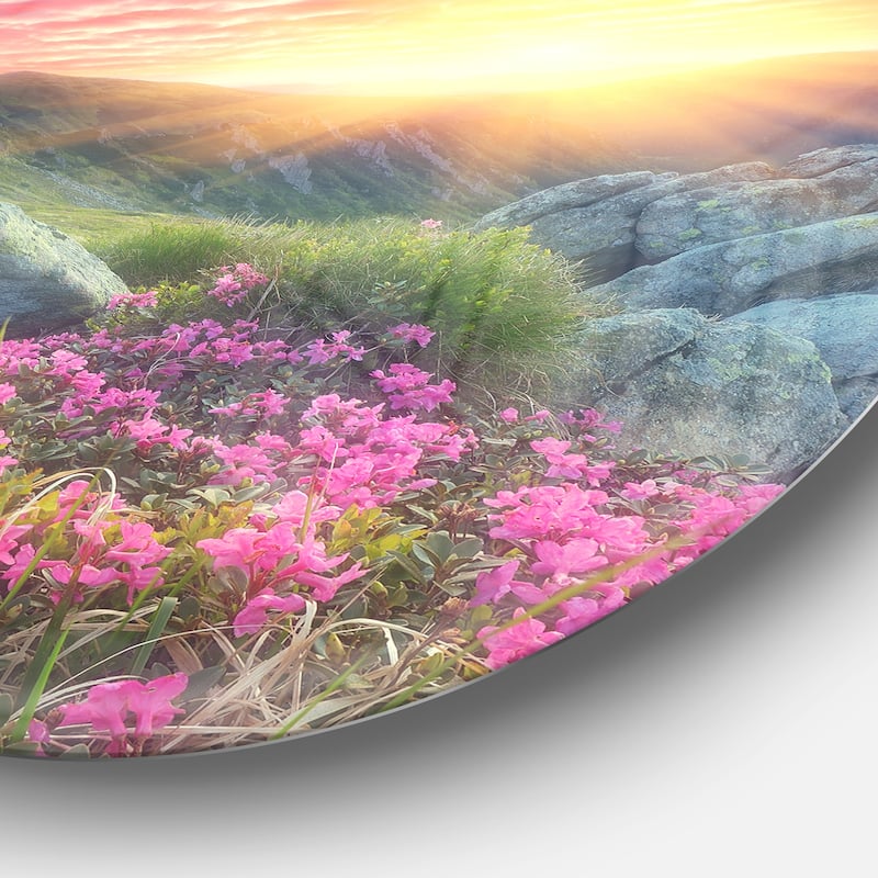 Designart 'Morning with Flowers in Mountains' Landscape Photo Disc Metal Wall Art
