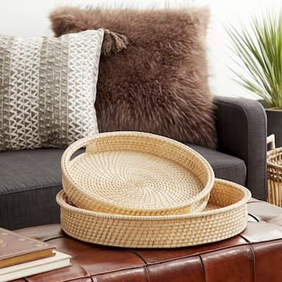 Cream Rattan Living Room Decor Tray with Slot Handles (Set of 2) - 20 x 20 x 3Round