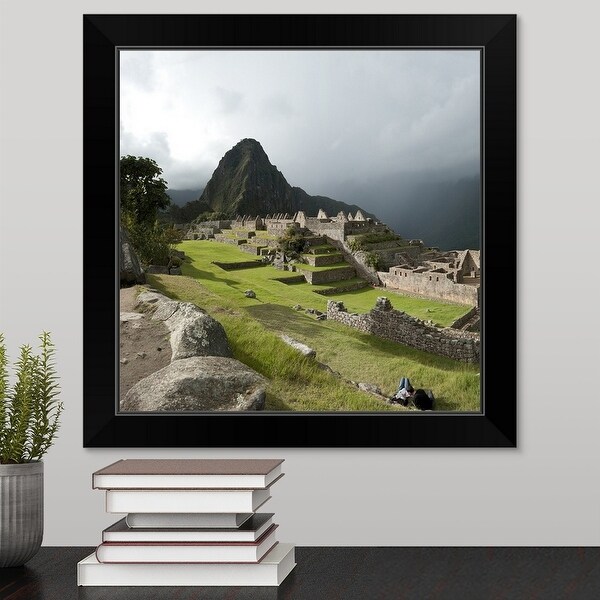 "High angle view of an archaeological site, Machu Picchu, Cusco Region, Peru" Black Framed Print