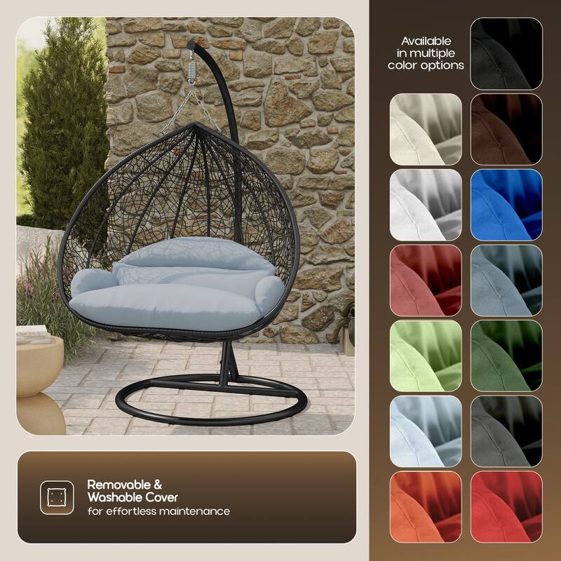 2-Person Outdoor Hanging Egg Chair with Teardrop Frame, Weather-Resistant Cotton Cushioned Seat for Patio and Indoor Use