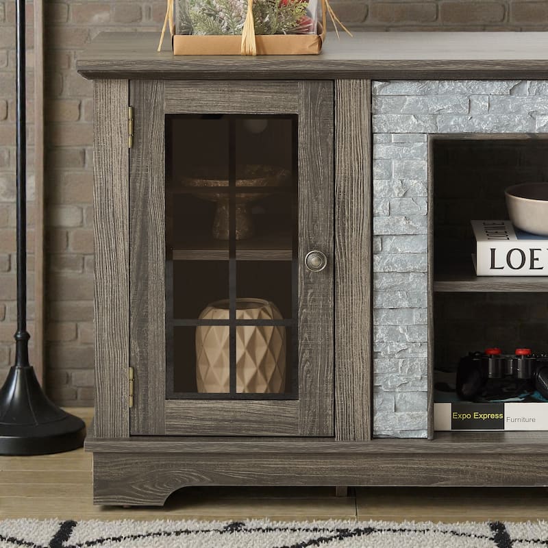 58" Modern TV Stand with Faux Stone Surround, Media Console Cabinet with 2 Doors and Shelves for TVs up to 75"