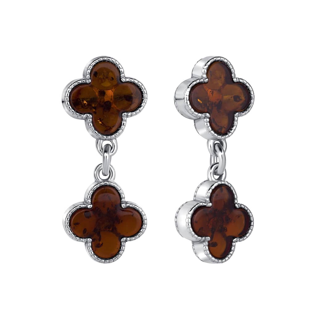 Baltic Amber Four Leaf Clover Earrings in Sterling Silver