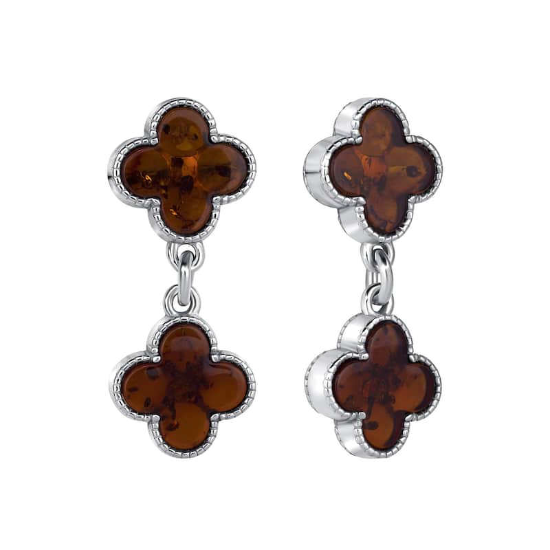 Baltic Amber Four Leaf Clover Earrings in Sterling Silver