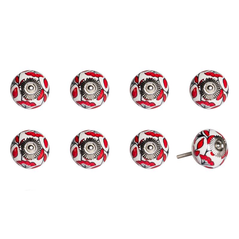 HomeRoots Set of Eight White And Red Ceramic And Metal Drawer Pull Knobs - 1.5' X '1.5' X '1.5