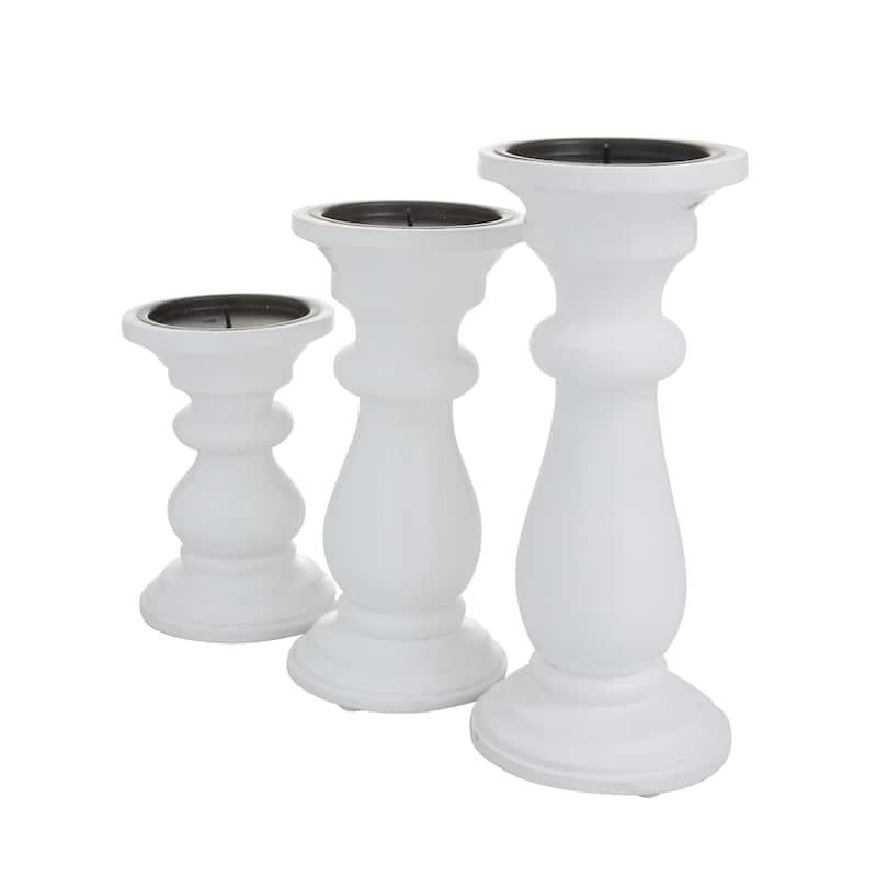 Mango Wood Turned Style Pillar Candle Holder (Set of 3) - Black, White or Gold - S/3 10", 8", 6"H