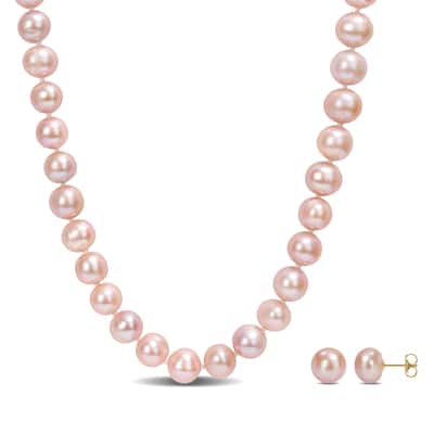 Miadora Freshwater Cultured Pink Pearl Beaded Pearl Necklace and Earrings set in 14k Yellow Gold