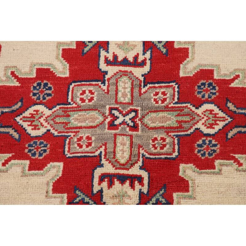 Kazak Oriental Area Rug Hand-Knotted Beige Geometric Wool Carpet - 5'1" x 6'7"