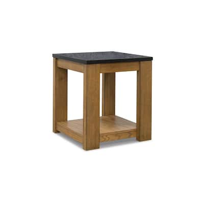22 in. Light Brown and Black Square Wood End Table with Stone Top