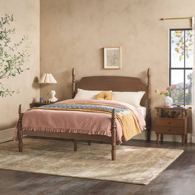 Walker Edison Spindle Queen Bed with 2-Drawer Nightstands Bedroom Set