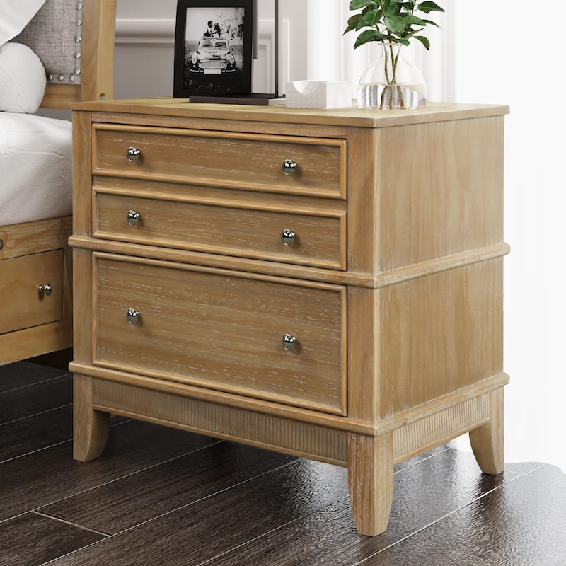 Natural Solid Wood 3-Drawer Side Table Nightstand