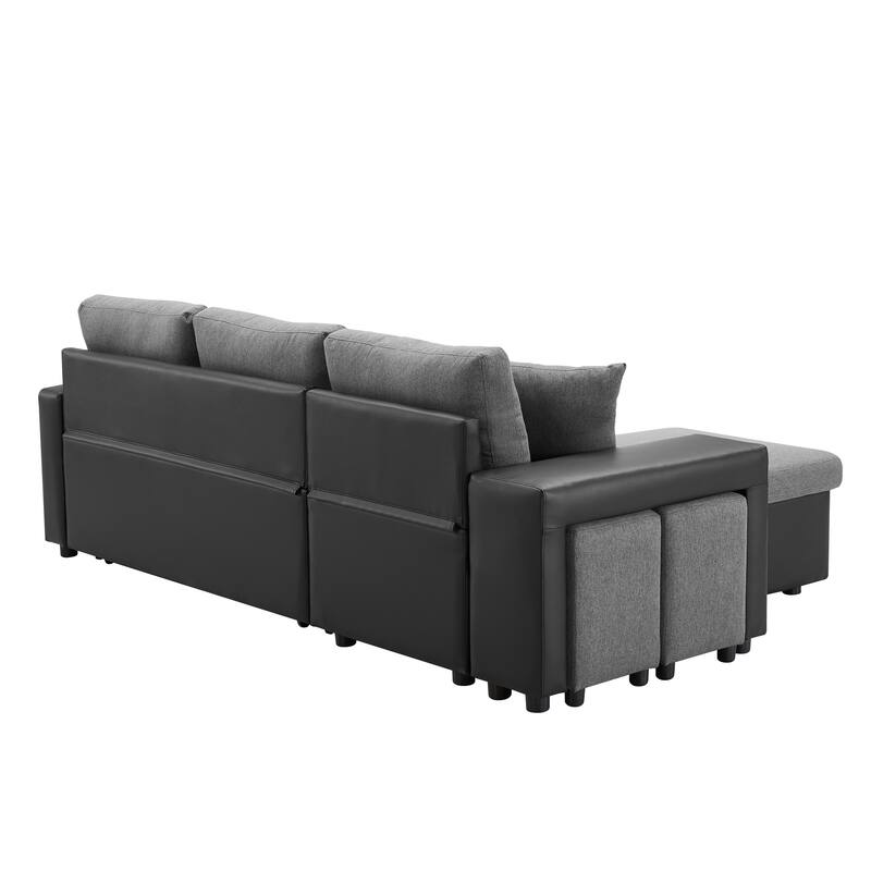 92.5"Reversible Sleeper Sectional Sofa with storage and 2 stools Steel