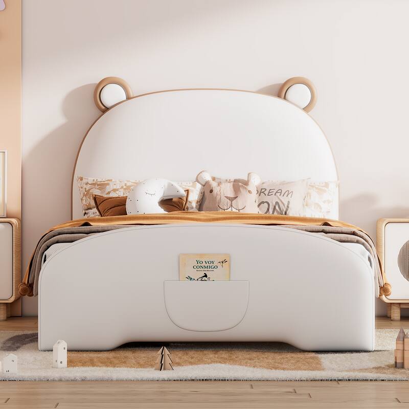 Twin Size PU Upholstered Platform Bed with Bear Shaped Headboard
