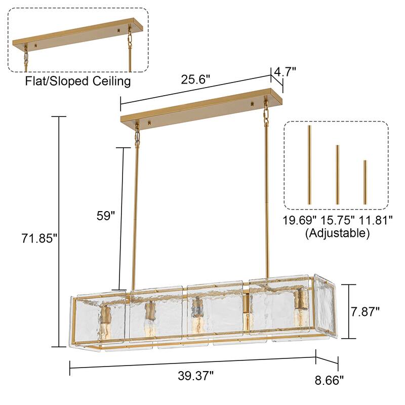 Modern 39.37" Large Rectangle Water Ripple Glass Chandelier for Dining Room - W39.4"