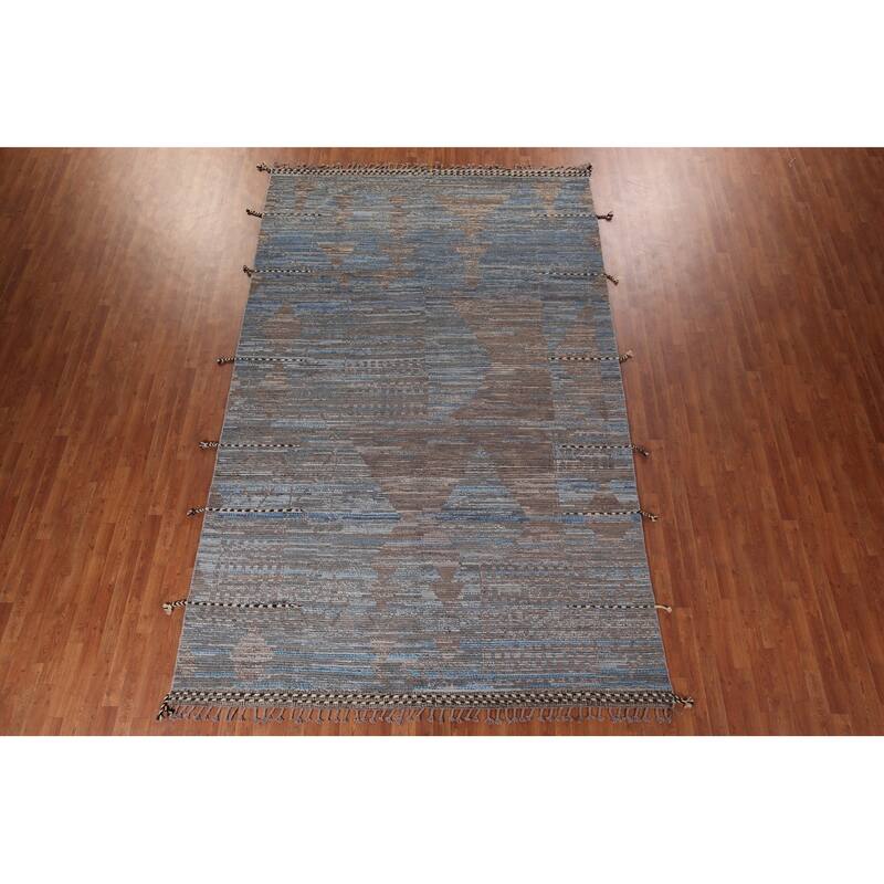 Blue Striped Moroccan Abstract Area Rug Hand-Knotted Wool Carpet - 8'0"x 12'7"
