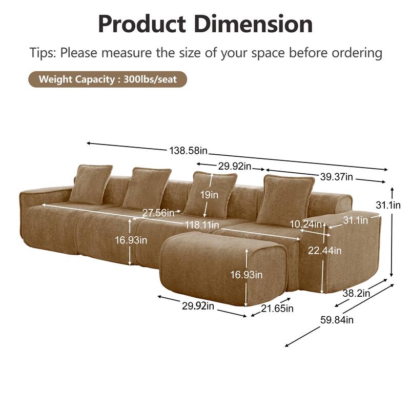 GDFStudio - Velvet Streamlined Modular 4-Seater 138.58" L-Shaped Sectional Sofa with Ottoman