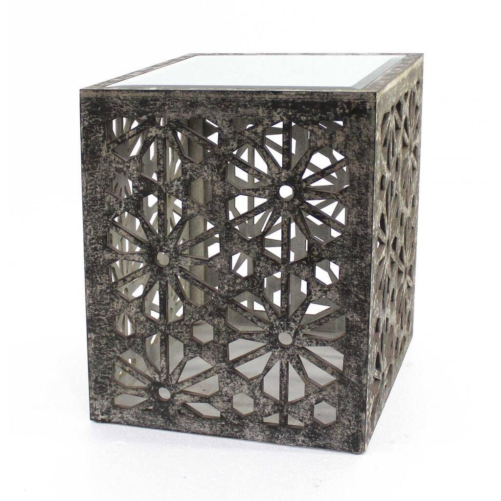 Gray Floral Mirrored Cube End Table