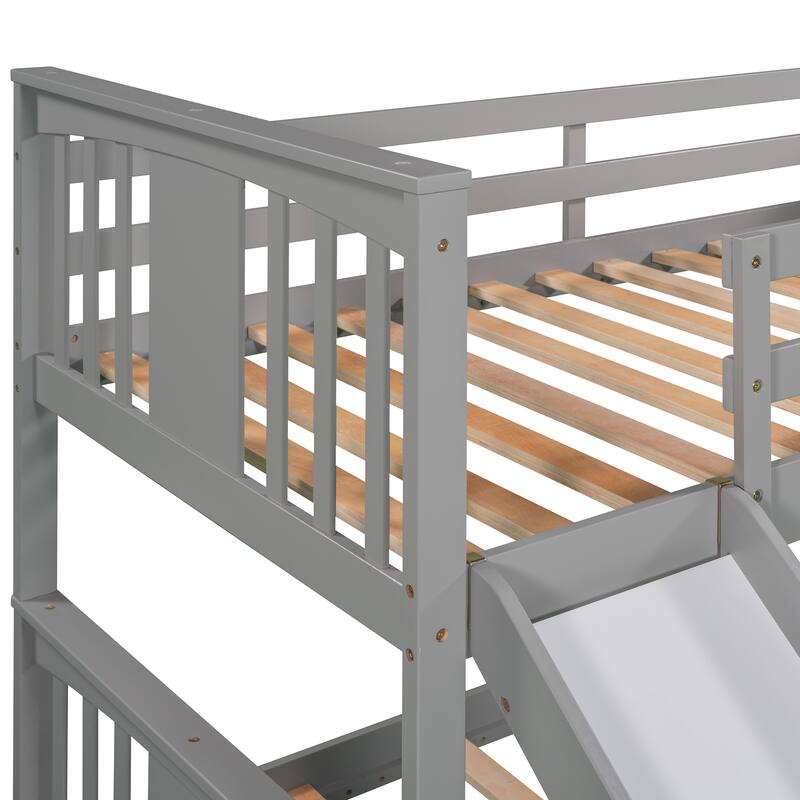 Gray Twin over Twin Solid Wood Bunk Bed with Slide & Ladder