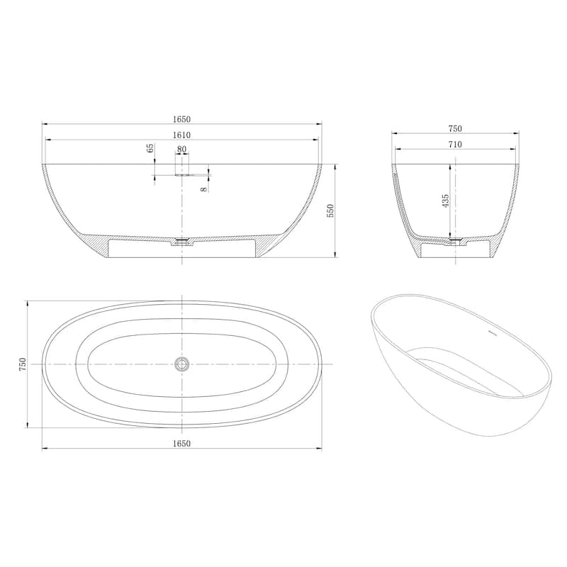 65" x 30" Solid Surface Freestanding Bathtub in Matte White - 65" x 30"