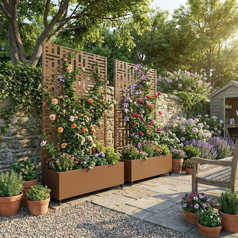 Metal Movable Planter Box with Trellis Privacy Screen Lockable Wheels