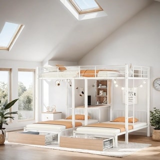Triple Bunk Bed with Drawers, Desks and Shelves, White