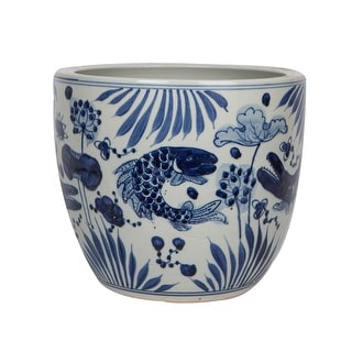 Blue And White Porcelain Planter Lotus Fish Motif