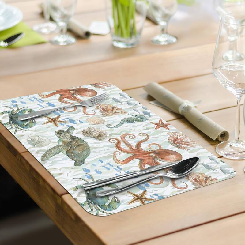 Under Sea Life 4 Pack Reversible Easy Care Flexible Plastic Placemats Made in The USA BPA Free Easily Wipes Clean