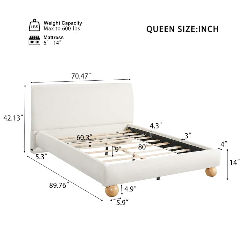 Christopher Knight Home - Modern Boucle Upholstered Platform Bed with Thick Headboard and Solid Wood Legs