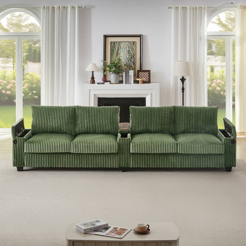 133-In Corduroy Sectional Sofa with USB Ports, Hidden Storage Arms, Flip-Top Cup Holders