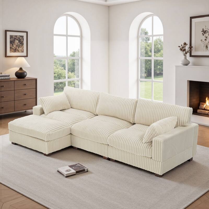 Plush Corduroy Upholstered Modular Sectional Sofa with Chaise