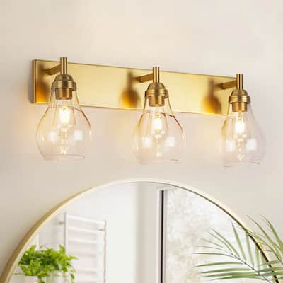 3-Light Industrial Brushed Gold Vanity Light with Clear Gourd Glass Shades - 27.56 in. W x 10.63 in. H x 6.69 in. D