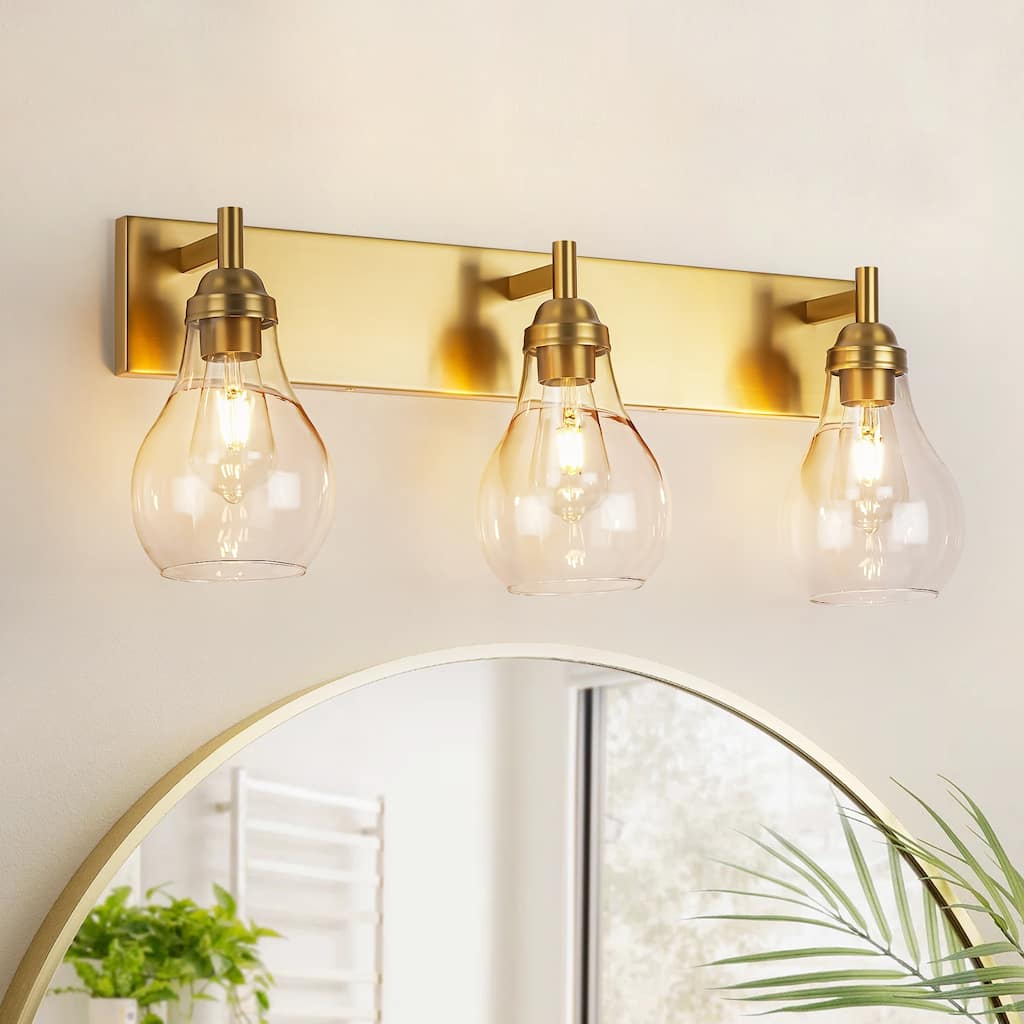 3-Light Industrial Brushed Gold Vanity Light with Clear Gourd Glass Shades - 27.56 in. W x 10.63 in. H x 6.69 in. D