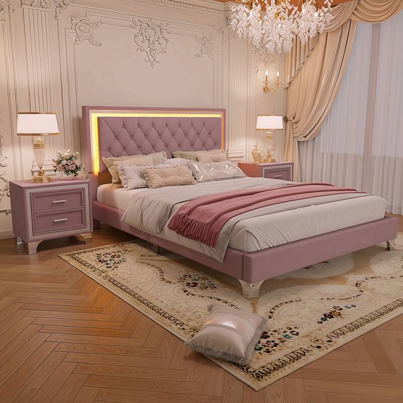 Queen Size Velvet Upholstered Platform Bed with LED Lights and 2 Nightstands (3-Piece Set)