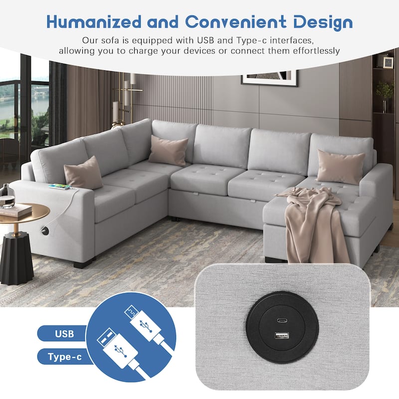 108.3'' Spacious U-Shape Sectional Sofa for 6, Pull-Out Bed, Lounge Chair with USB & Type-C Ports
