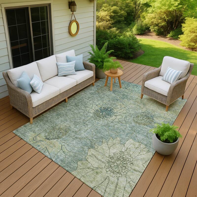Machine Washable Indoor/ Outdoor Contemporary Floral Chantille Rug - Seafoam - 2'6" x 3'10"
