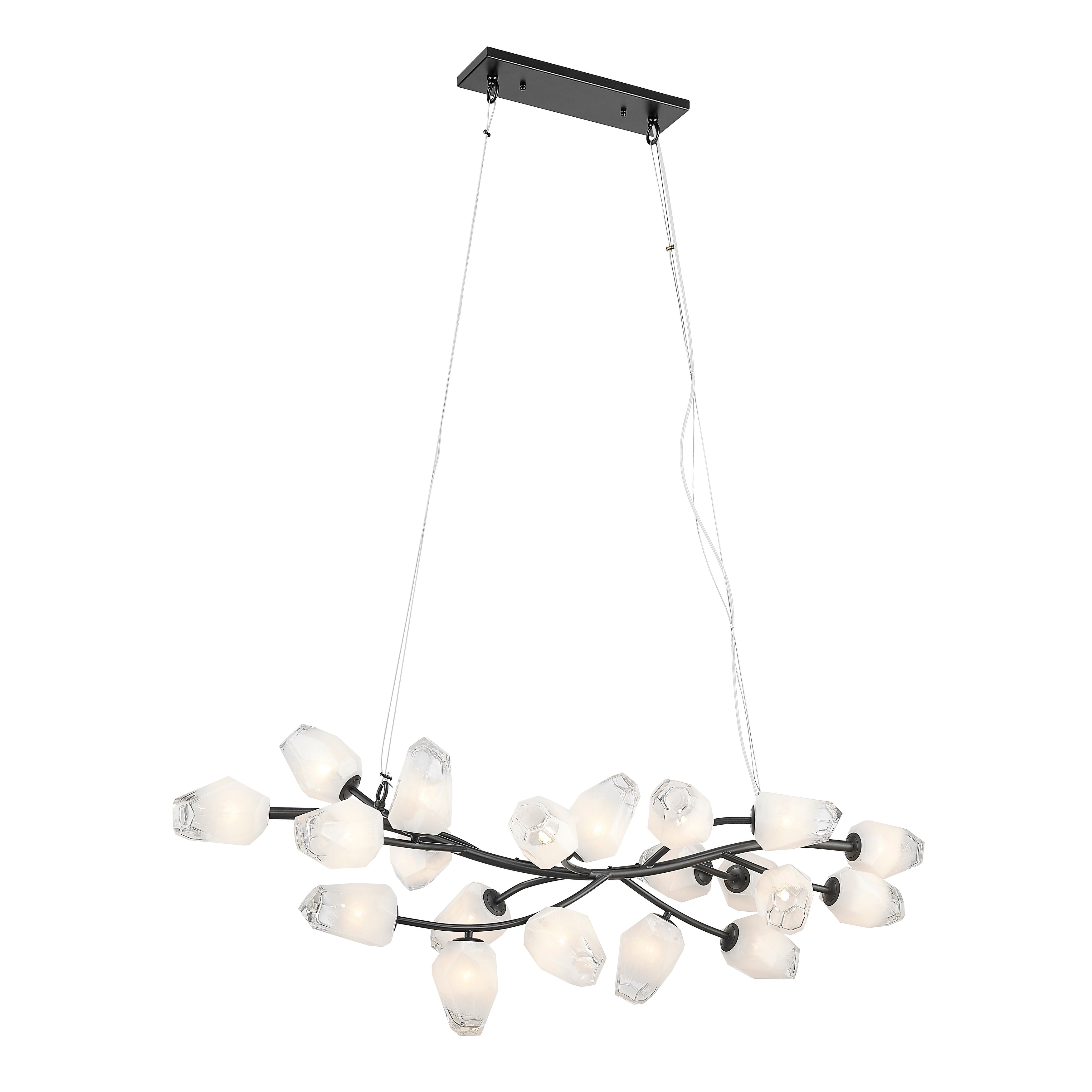 Transitional 20-Light black iron frame chandelier with white glass shades