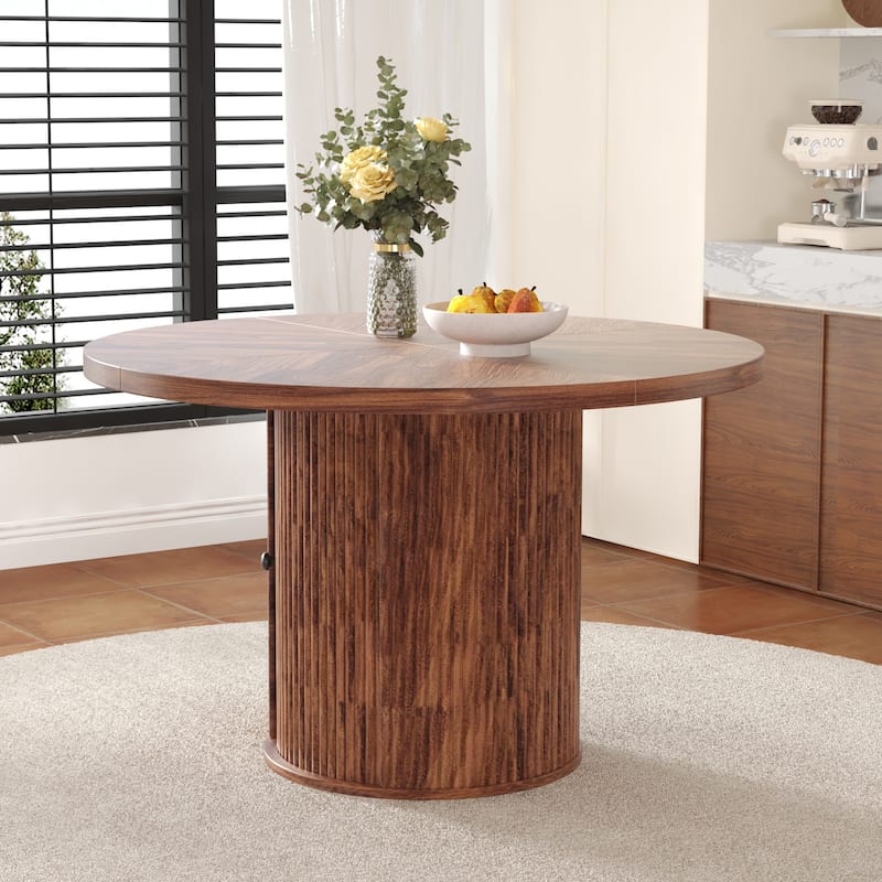 ‌47.2" Round Wood-Grain Dining Table - Double-Tier Storage & Roman Column Base, Timeless Elegance‌.
