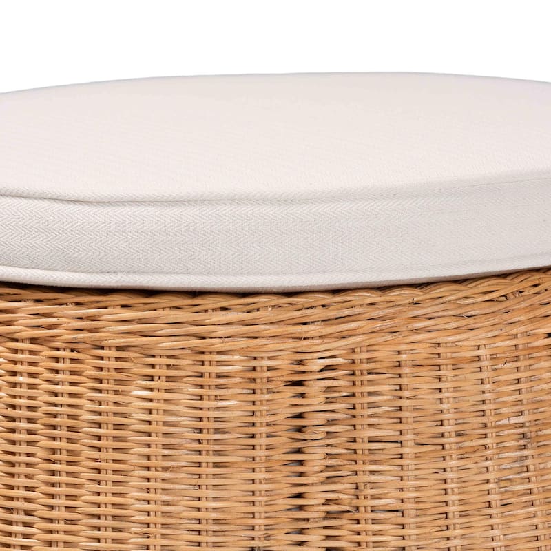 Palm Scallop Natural Rattan Ottoman with Cushion - Handwoven Wicker Stool or Footrest for Living Room or Bedroom, Coastal Boho