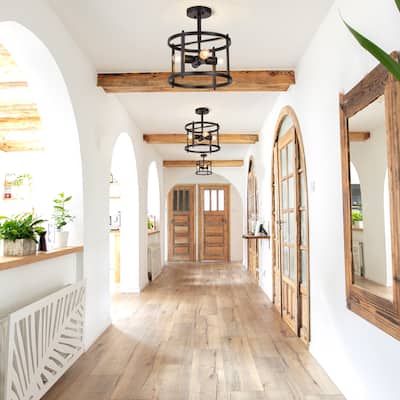 Farmhouse Black 4-Light Semi-Flush Mount Light Drum Chandelier Ceiling Light