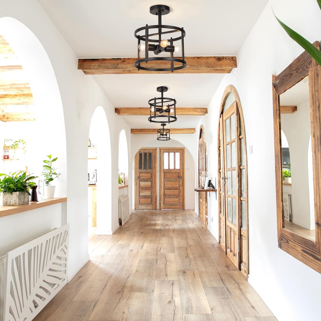 Farmhouse Black 4-Light Semi-Flush Mount Light Drum Chandelier Ceiling Light