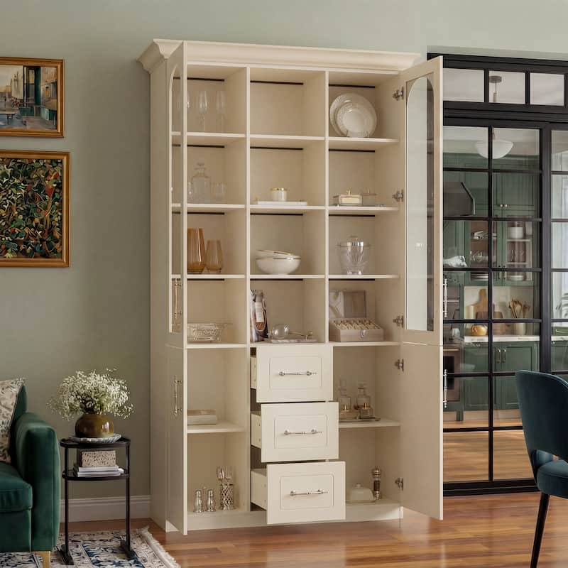 Modular Bookcase with LED Lights, Glass Door Storage Cabinet with Drawers, Large Display Shelving Unit Sideboard