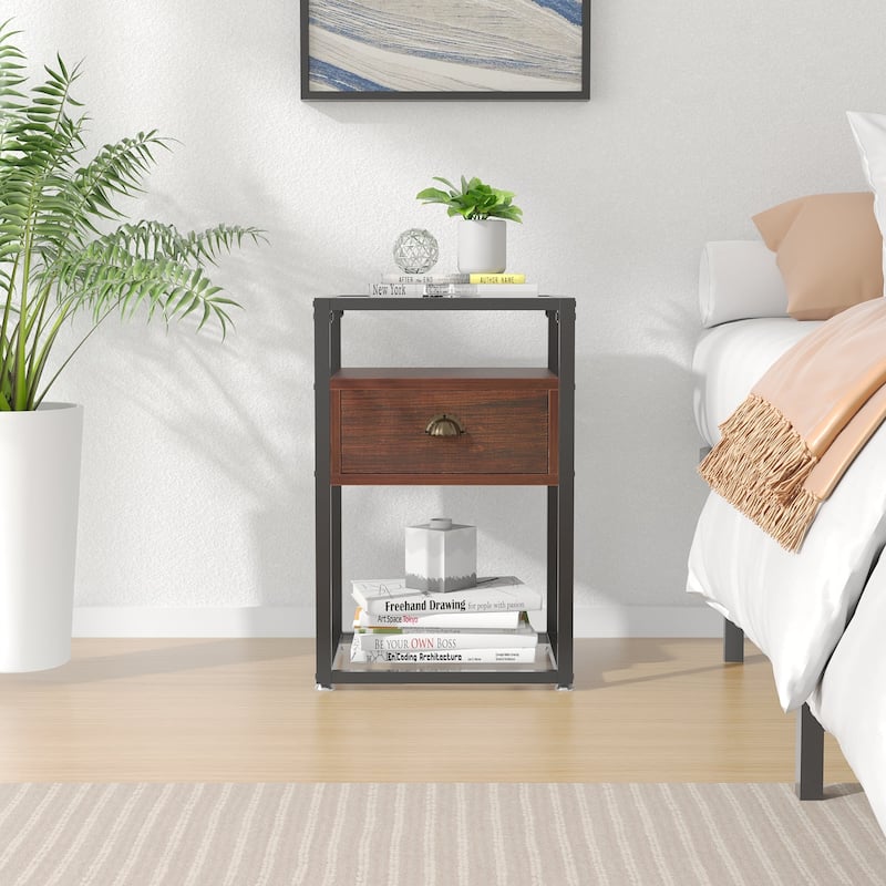 VECELO, Modern 1-Drawer Nightstand with 2-tier Glass Shelves