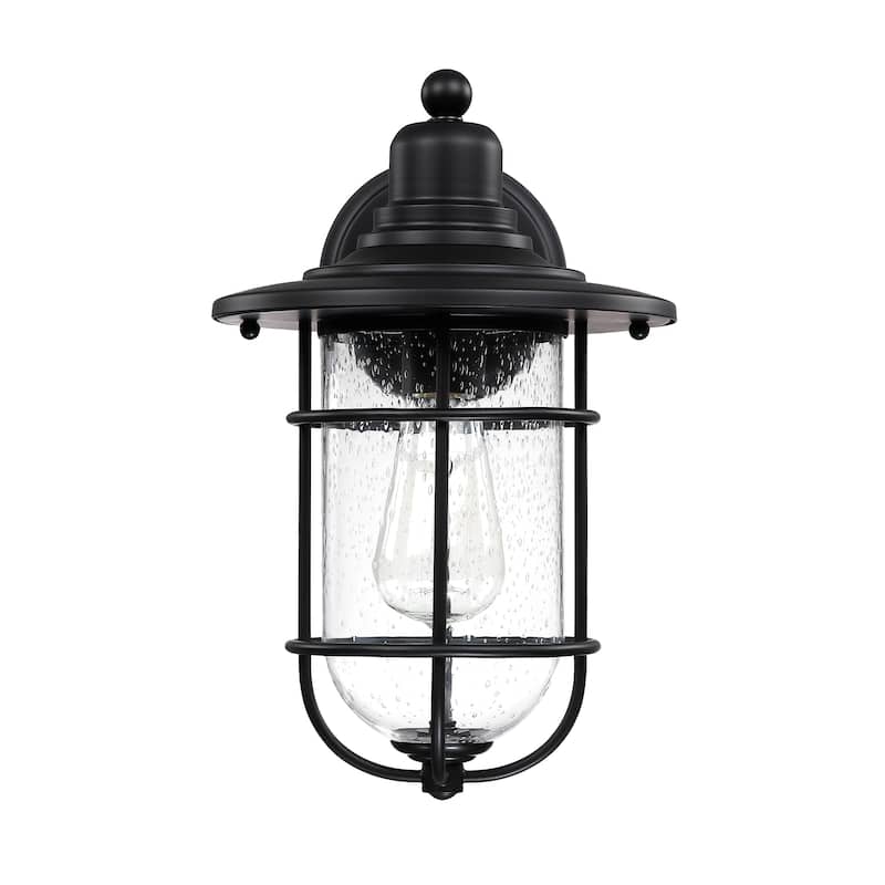1-Light Black Outdoor Wall Lantern Sconce with Seeded Glass Shade - Black