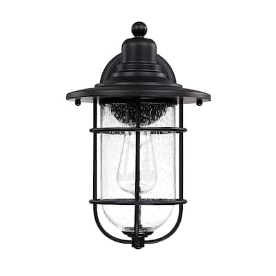 1-Light Black Outdoor Wall Lantern Sconce with Seeded Glass Shade