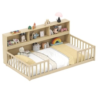 Costway Twin Size Montessori Floor Bed with Bookcase Storage Shelves &