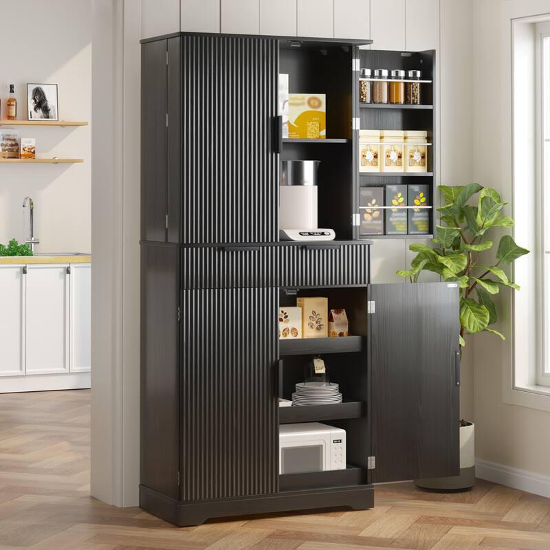 Fluted Kitchen Pantry Cabinet, Freestanding Buffet Cabinet, Storage Cabinet with 3 Keyboard Drawers & 6 Adjustable Door Shelves