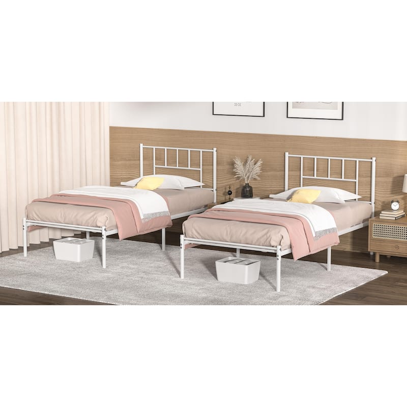 VECELO Twin Size Kids Bed Frame, Easy-to-assemble Metal Twin Platform Bed Frame with Under-bed Storage - White