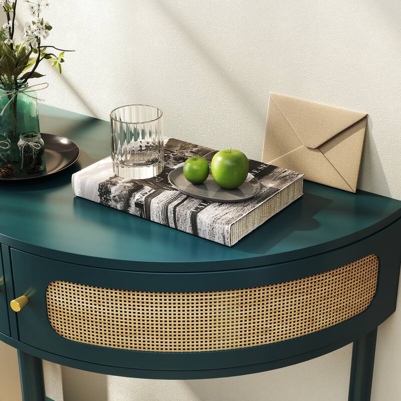 Half Moon End Table with Sliding Rattan Door, Boho Semi-circle Entryway Console Table with 2 Storage Cabinet and Bottom Shelf