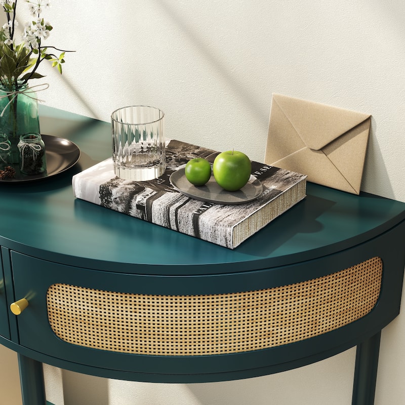 Homy Casa 31.5" Demi-Lune Console Table with 2 Drawers & Shelf, Wave-Pattern Front, Solid Wood Legs, Multiple Colors