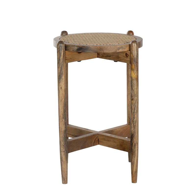 Round Side Accent Table with Mango Wood Base & Rattan Cane Webbing Top, 17.5"W x 17.5"L x 24"H