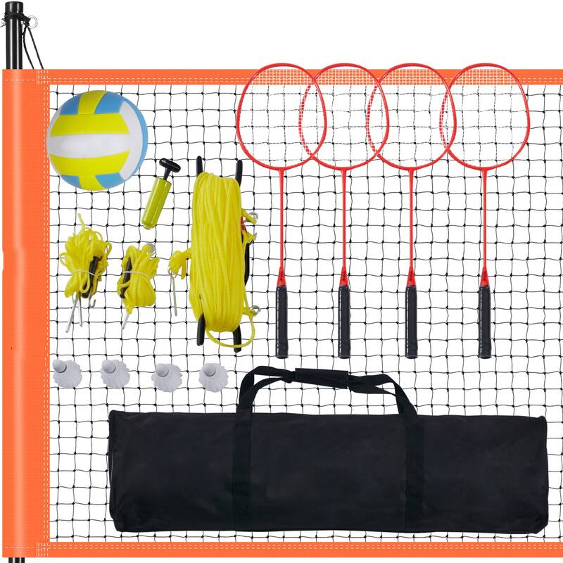 Orange Outdoor Portable Badminton Net with Height Adjustable Steel Poles and Carrying Bag